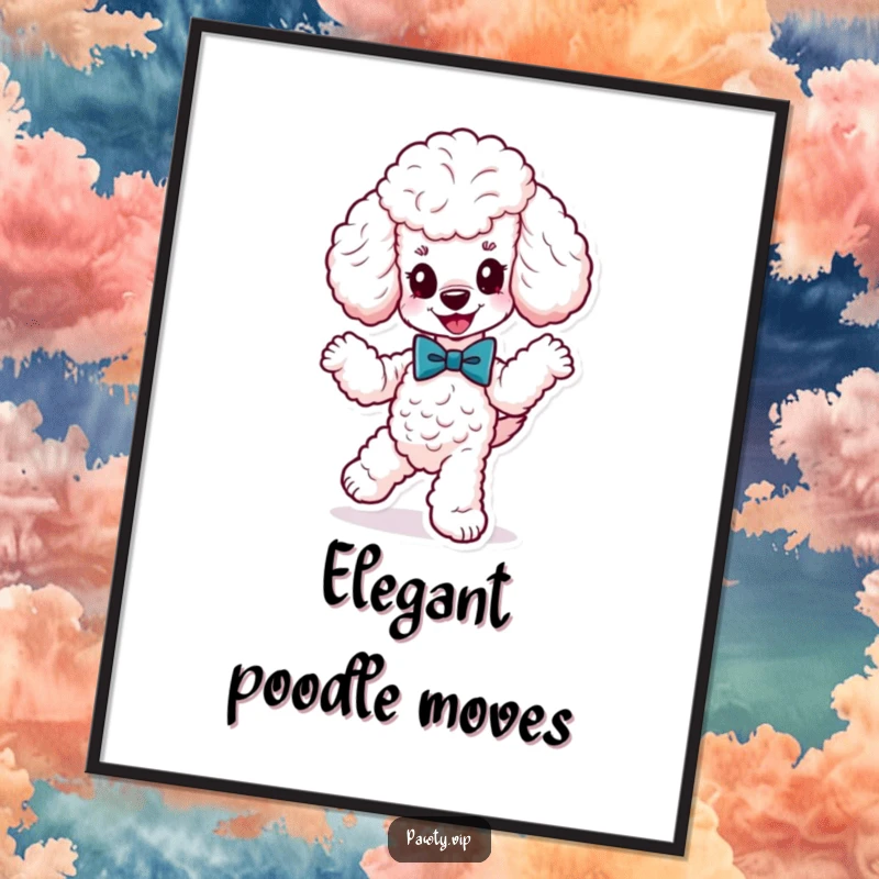Funny cute poodle wearing a fancy bow tie, dancing energetically, as a downloadable digital art print, perfect for adding instant canine elegance to any room.