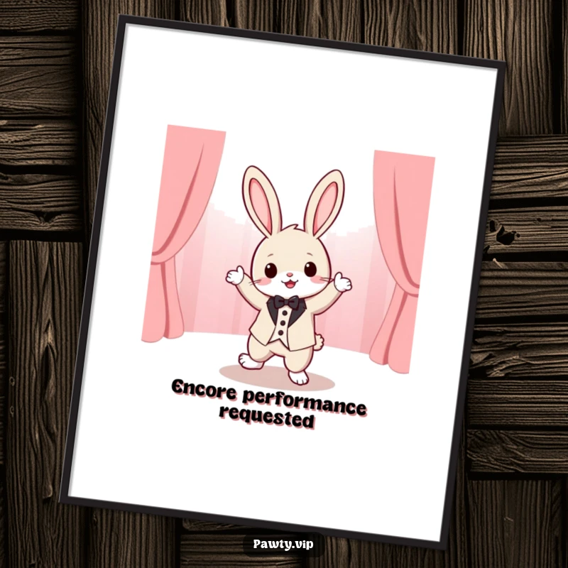 Funny tuxedo rabbit character dancing with joyful abandon on a stage, available as a downloadable digital art print for humorous decor.