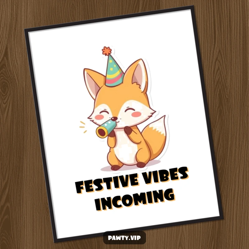 Funny fox in a party hat blowing a noisemaker, available as a digital art print for immediate humorous decoration.