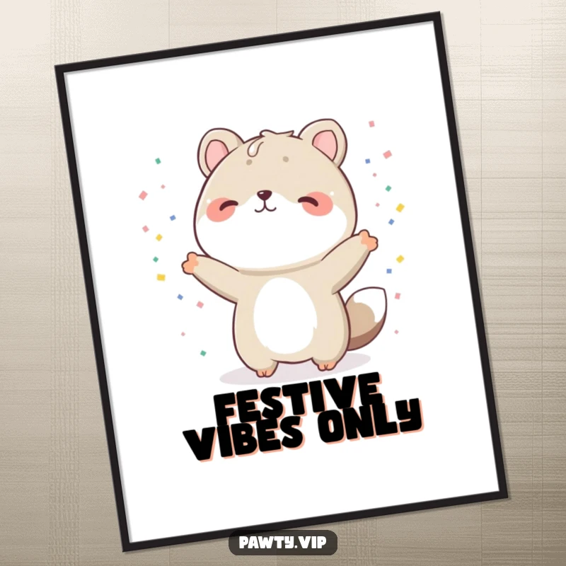 Funny animal digital art print, a character in a jubilant celebratory pose surrounded by confetti, perfect for instant humorous decor, a funny gift.