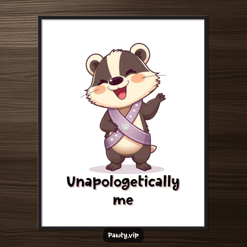 Funny Digital Art: A giggling badger wearing a sparkly sash performs a silly dance, perfect for instant, joyful, and humorous decor.