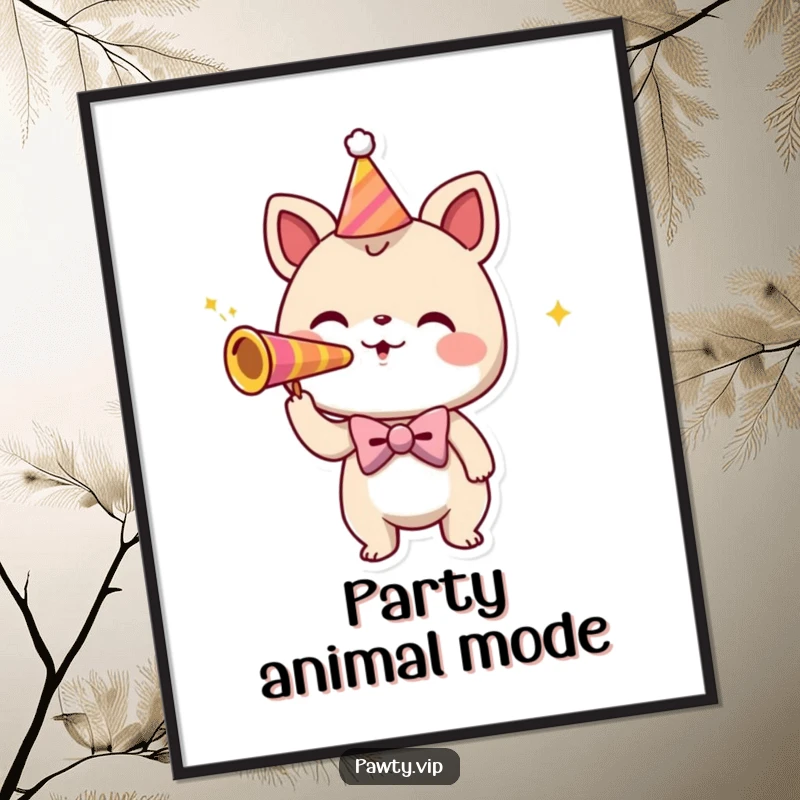 Funny digital art print of a playful creature in a bowtie, enthusiastically blowing a party horn.