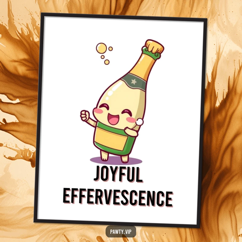 Funny champagne bottle character popping its cork with a joyful expression, as a downloadable digital art print, perfect for adding instant celebratory atmosphere.