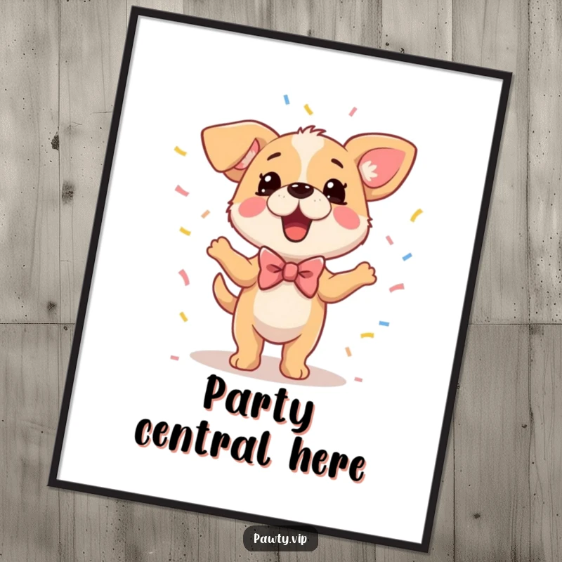 Funny Dog Digital Art of a dog in a bowtie dancing with confetti, radiating party energy and joy.