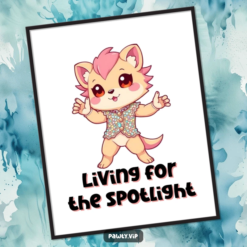 Funny Digital Art Print of a creature in a sparkling sequined outfit, striking a powerful and dramatic pose. High-quality humorous artwork.