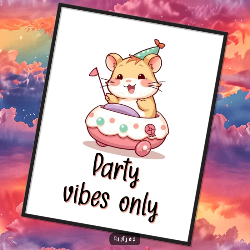 Cheerful hamster character riding a decorated party float, downloadable art print for humorous and festive wall decor.