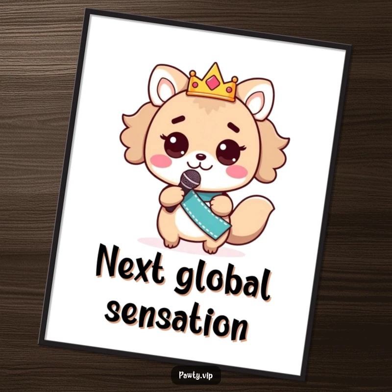 Funny kawaii animal character wearing a crown and sash, holding a microphone, ready to perform - digital funny art.