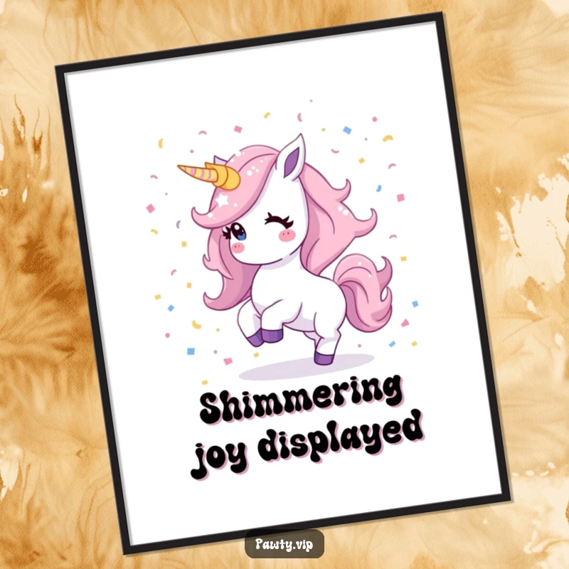 Funny Kawaii unicorn digital art print of a shimmering mane dancing freely amidst a swirl of colorful confetti, evoking pure delight.
