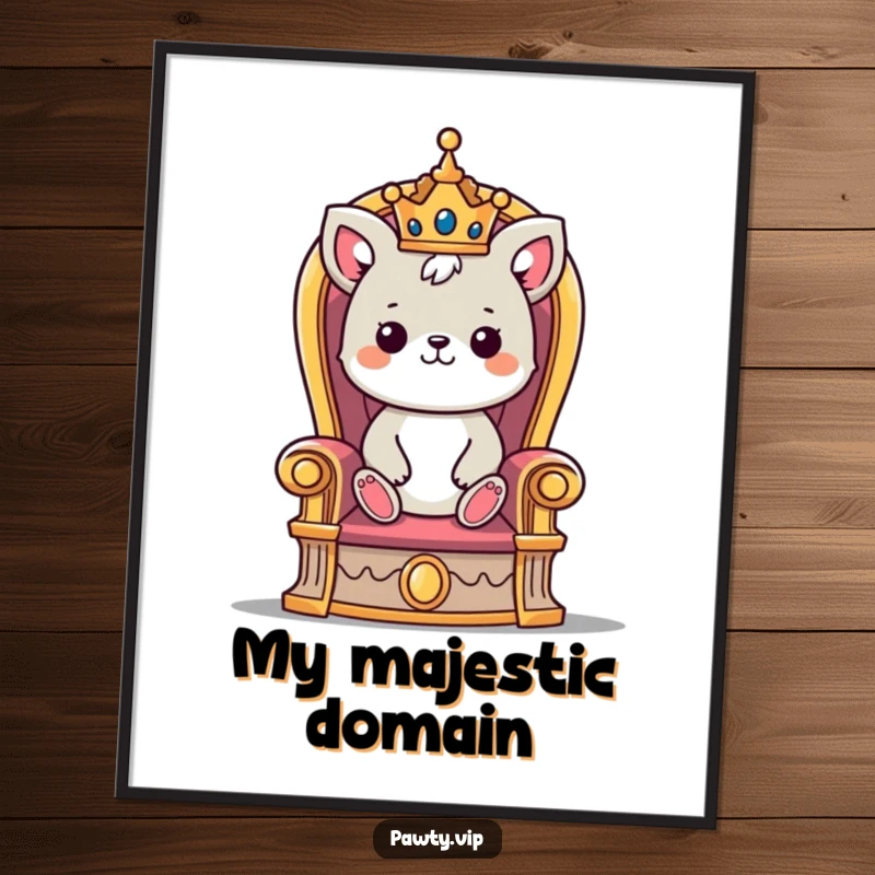 Funny digital art print of a cute animal character wearing a small crown, sitting majestically on a grand throne.