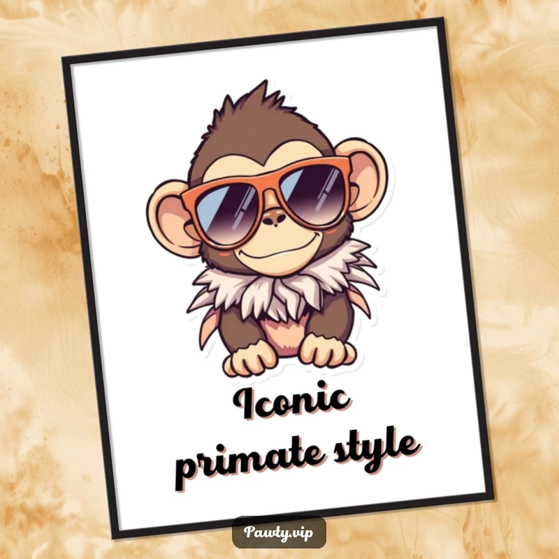 Funny monkey digital art print, a cool monkey wearing sunglasses and a feather boa, stylish decor.