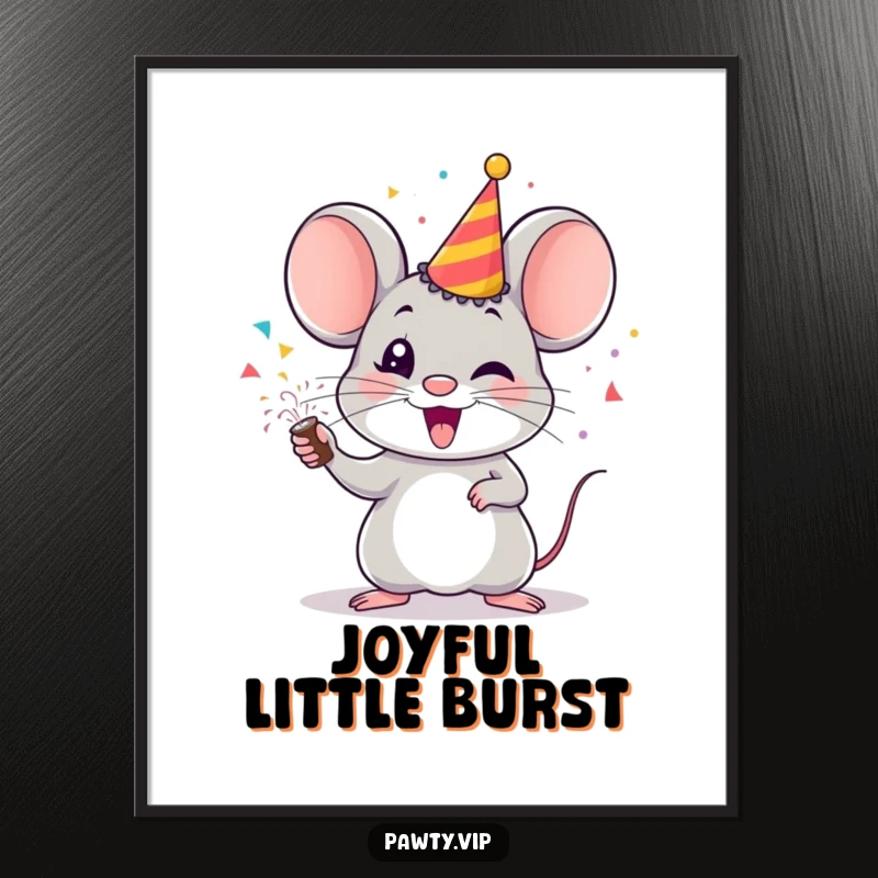 Funny mouse digital art print, a cheerful mouse firing a party popper with confetti, festive decor.