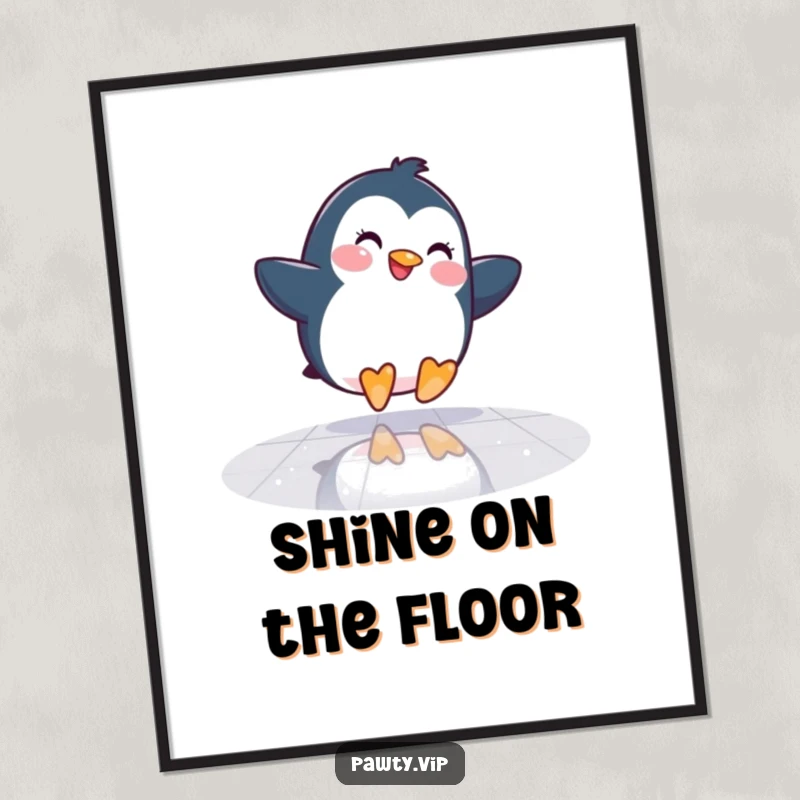 Funny Penguin Digital Art: A happy penguin slides across a mirrored dance floor, a humorous and groovy printable wall decor.