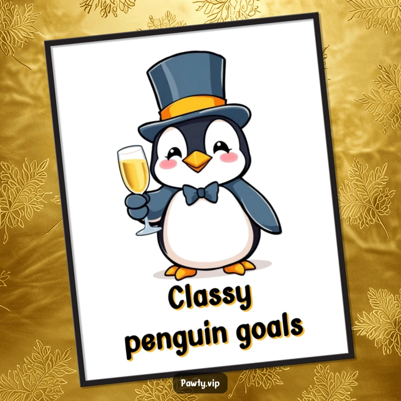 Fancy penguin character in a top hat, holding bubbly, downloadable art print for humorous and elegant wall decor.