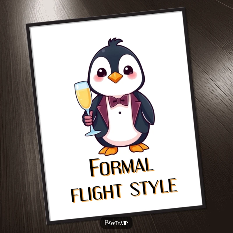 Funny penguin digital art print, a dapper penguin in a tuxedo holding champagne, elegant decor.