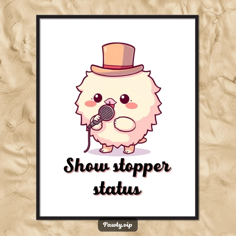 Funny digital art print of a fluffy creature wearing a tiny top hat, holding a microphone, ready to perform.