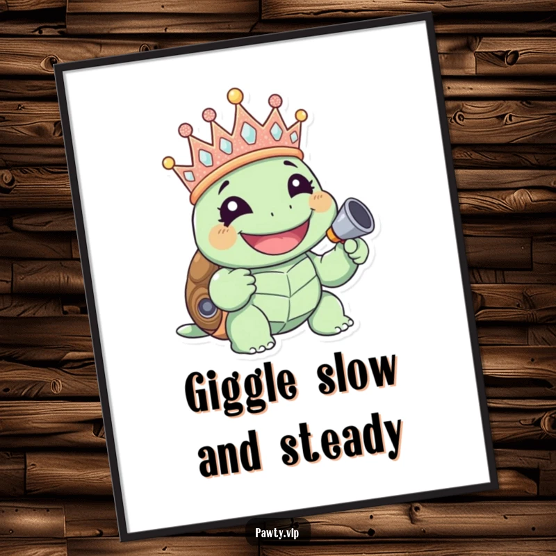 Funny giggling turtle wearing a glittery crown and holding a noisemaker, as digital art, perfect funny gift.
