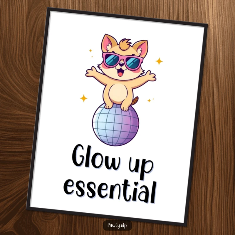 Funny digital art print of an animal character with huge sunglasses, dancing energetically on a sparkling disco ball.