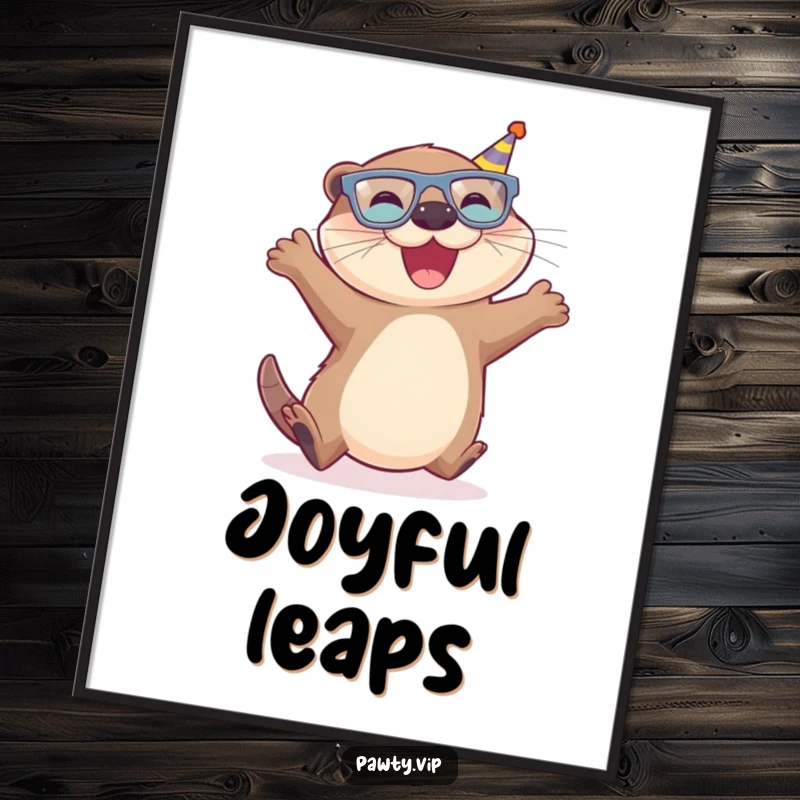 Funny Otter Digital Art Print of a joyful otter wearing tiny party glasses, leaping with pure glee.