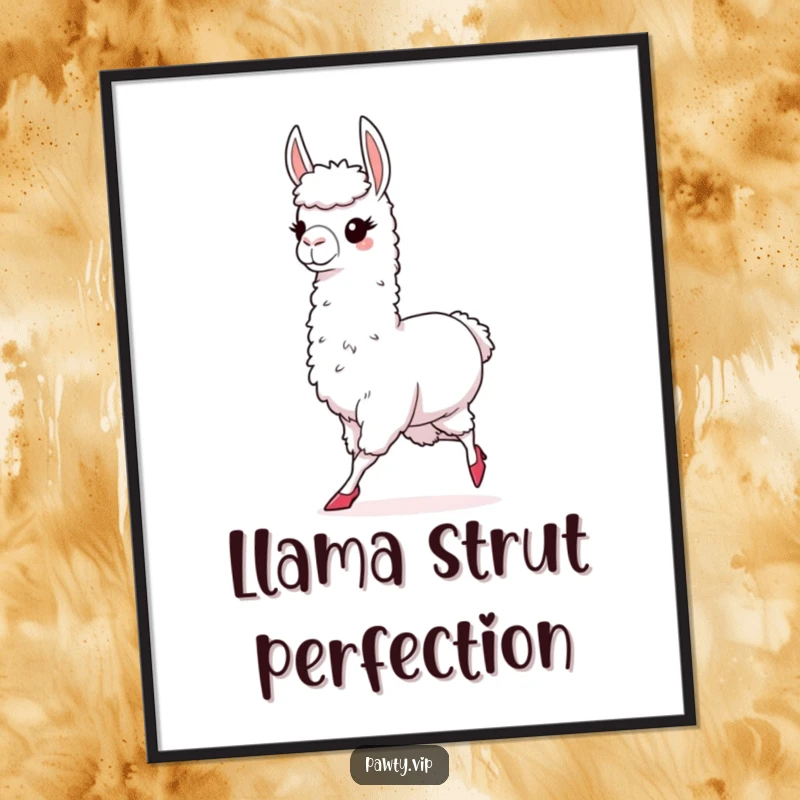 Funny digital art print of a chic llama wearing tiny high heels, strutting confidently, ready for instant download and fashionable display.