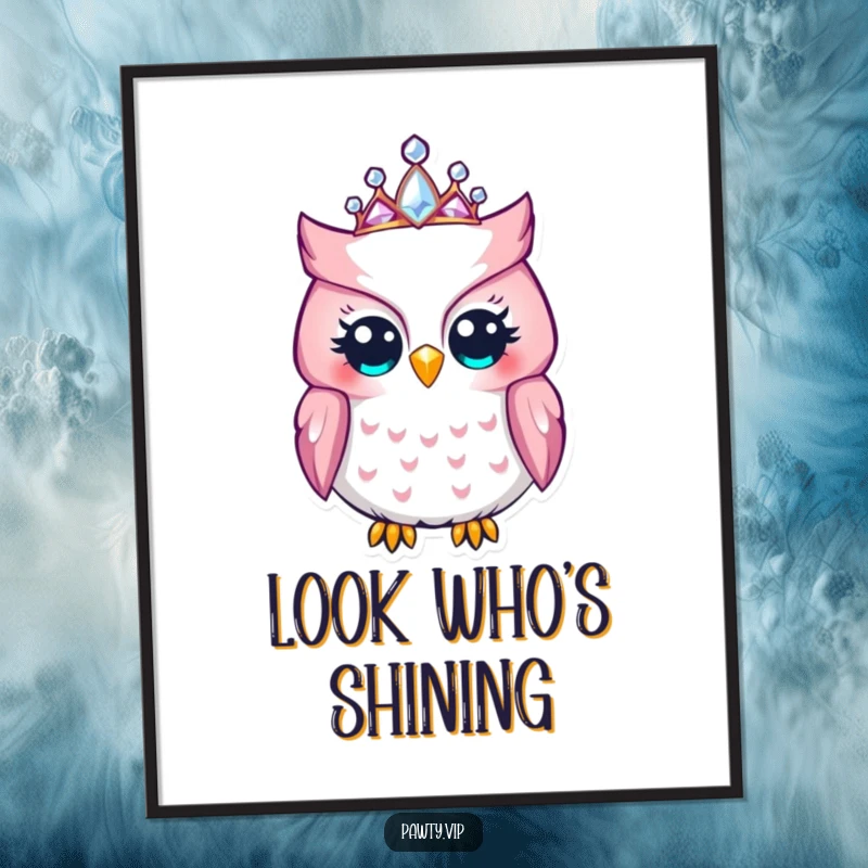 Funny Owl Digital Art: A delighted owl wearing a jeweled tiara, a humorous and regal printable wall decor.