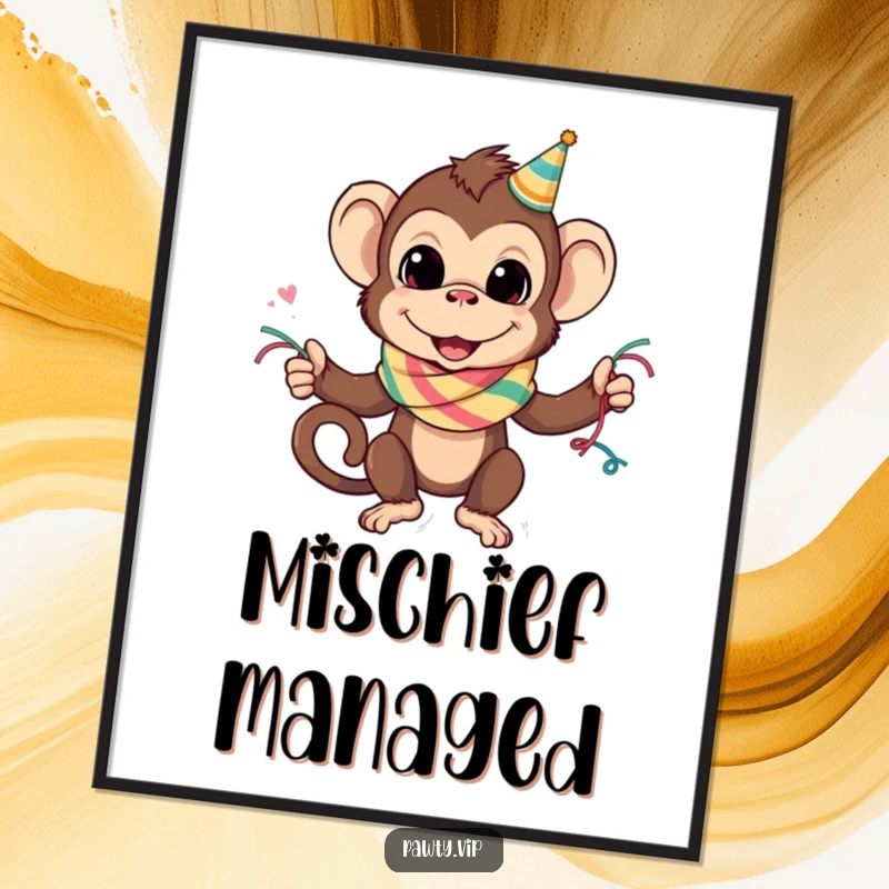 Funny monkey wearing a vibrant party streamer scarf, as a digital art print, perfect for a funny gift.