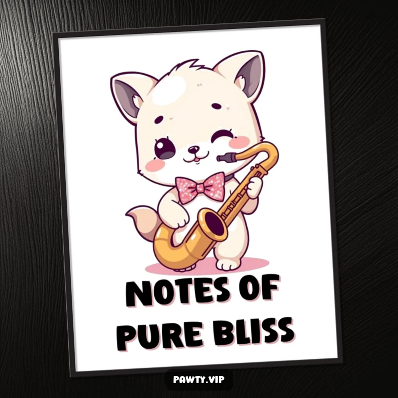 Funny kawaii animal character in a sparkly bowtie, playing a saxophone - digital funny art.