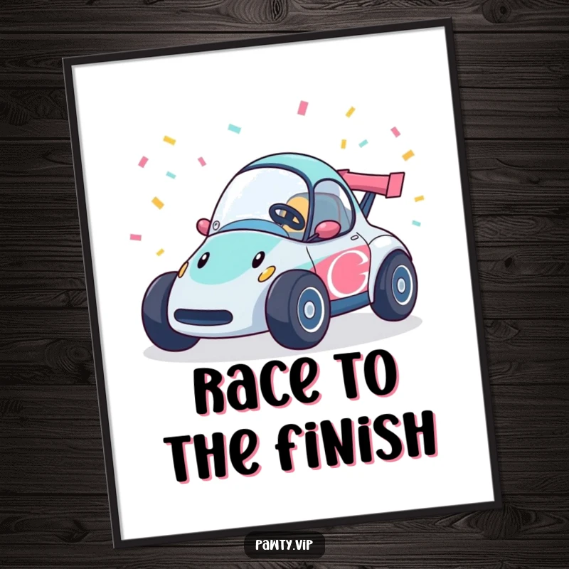 Funny race car digital art print featuring a happy character with confetti streamers, high quality download.