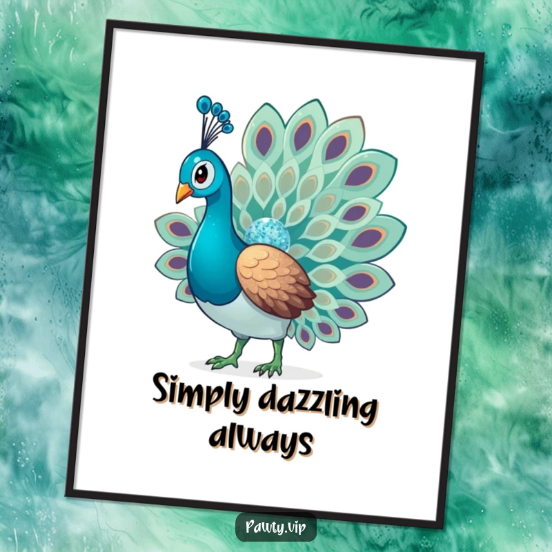 Funny Glitter Peacock Digital Art Print of a glamorous peacock fanning its tail with dazzling, sparkling glitter details, ideal for wall decor.