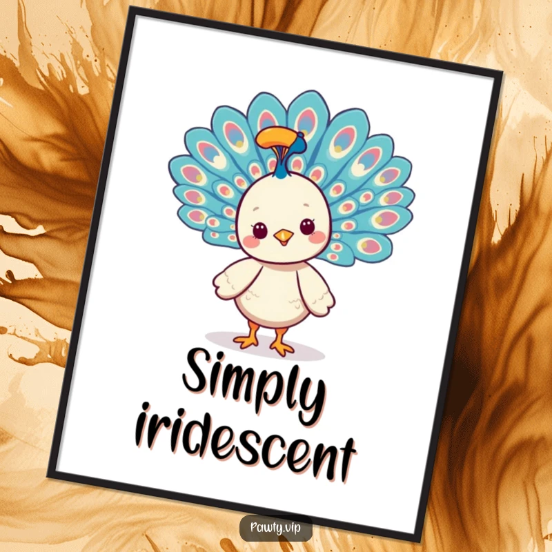 Funny Kawaii peacock character digitally rendered art print, smiling and fanning its vibrant tail feathers.