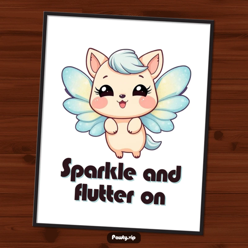 Funny Digital Art Print of a cute animal with dazzling glittery wings, joyfully fluttering. High-quality art for a cheerful ambiance.