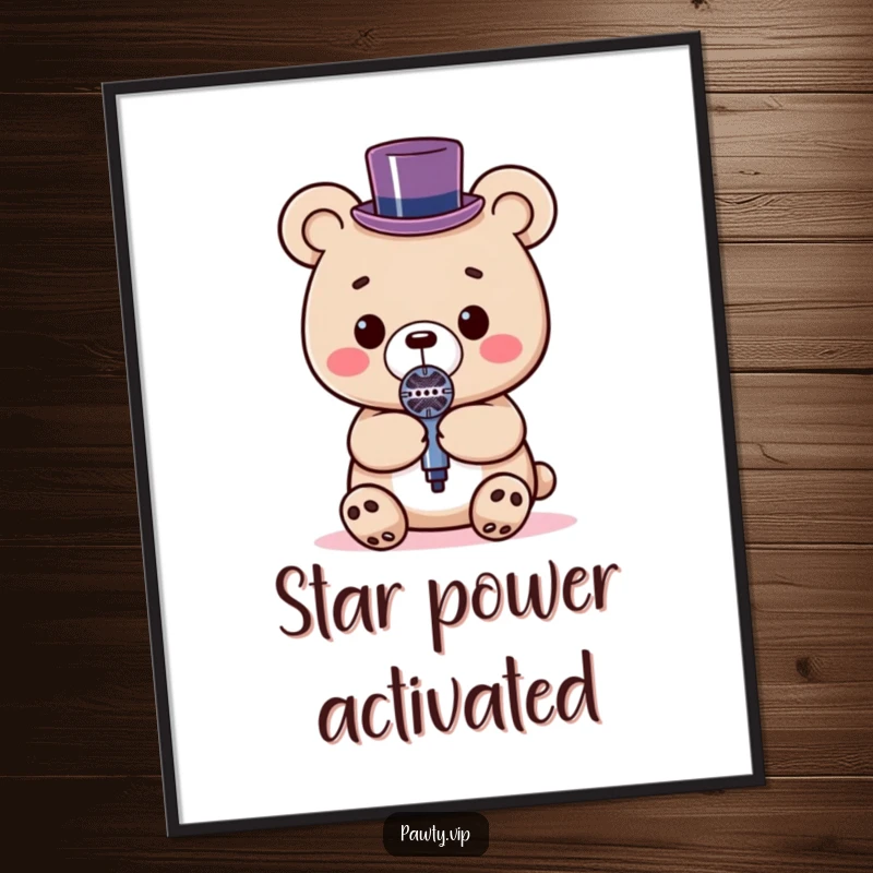 Funny Kawaii bear wearing a tiny top hat, holding a microphone on a digital art print, perfect for screensavers.