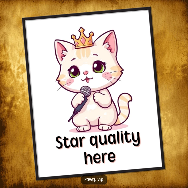 Funny Cat Digital Art of a cat in a sparkly crown with a microphone, radiating diva energy and star power.