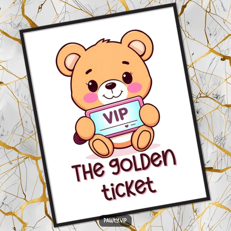 Funny Digital Art Print of a smiling teddy bear character holding a glowing VIP pass, radiating warmth and exclusivity.