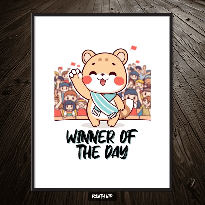 Funny Digital Art Print of a cute animal wearing a sash, waving to a jubilant cheering crowd. High-quality art for a victorious ambiance.