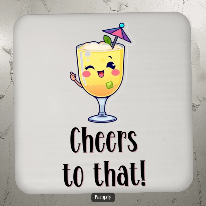 Funny happy cocktail drink character drink coaster winking with a tiny umbrella, protecting surfaces with festive flair.