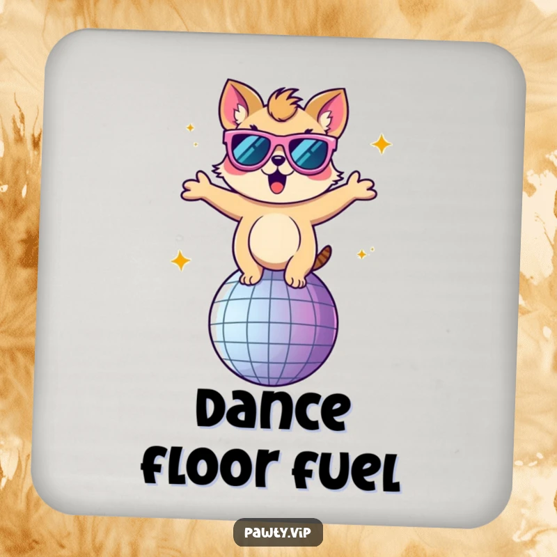 Funny drink coaster with an animal character in oversized sunglasses dancing on a disco ball.