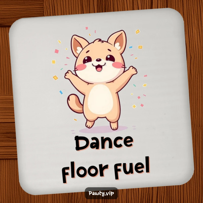 Funny kawaii animal character dancing with confetti, perfect for a funny drink coaster.