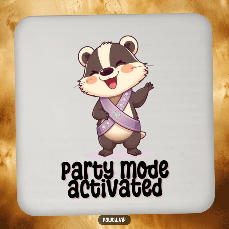 Funny Coasters: A giggling badger in a sparkly sash performs a silly dance, protecting surfaces with playful, humorous style.