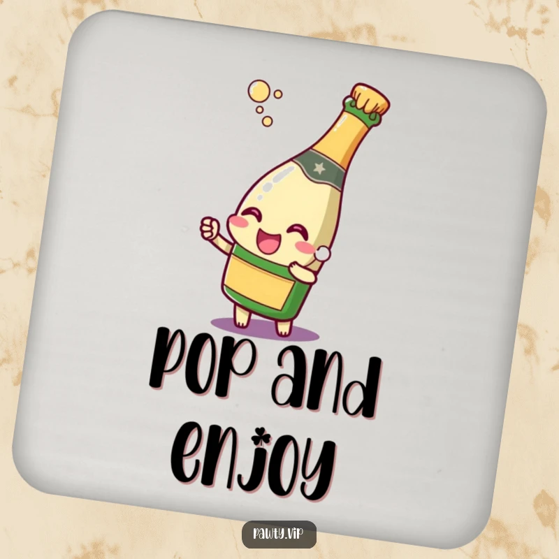 Funny champagne bottle character popping its cork with a joyful expression, on a drink coaster, protecting surfaces with a festive and celebratory theme.