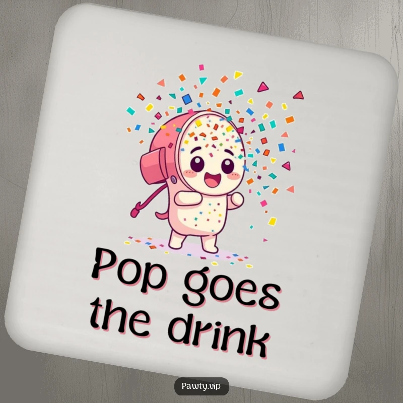Funny Drink Coasters: A set of coasters featuring a confetti cannon character erupting with colorful pieces, for festive protection.