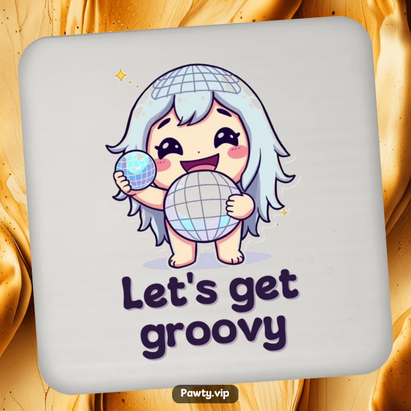 Funny drink coaster featuring a cheerful character holding a glittering disco ball, adding festive flair to surface protection.
