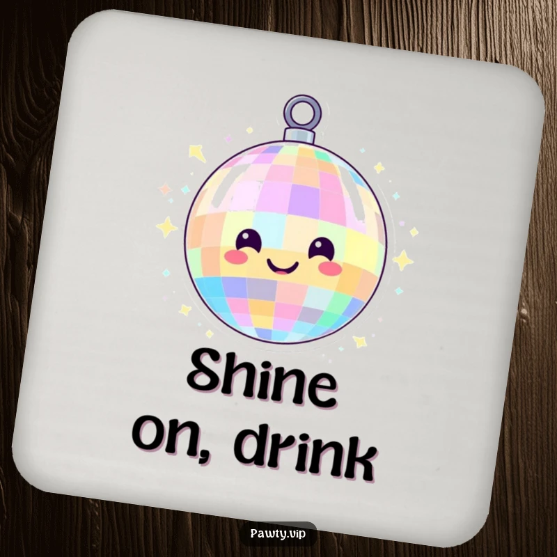 Funny disco ball character with a smiling face and colorful lights, on a drink coaster, protecting surfaces with a festive and energetic party theme.