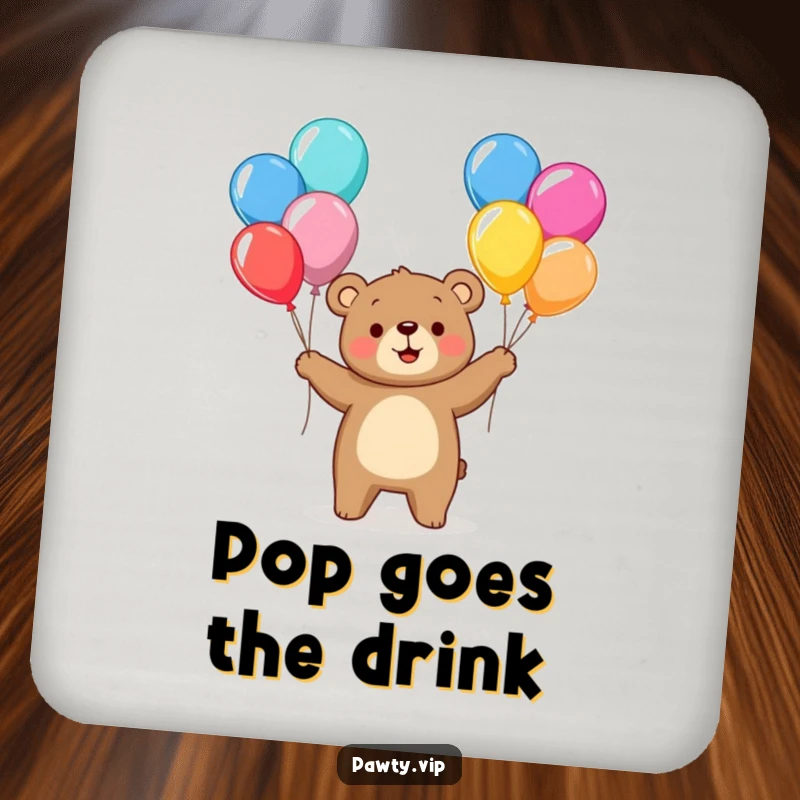 Funny bear character juggling colorful balloons on a drink coaster, adding cheerful fun to tabletops.