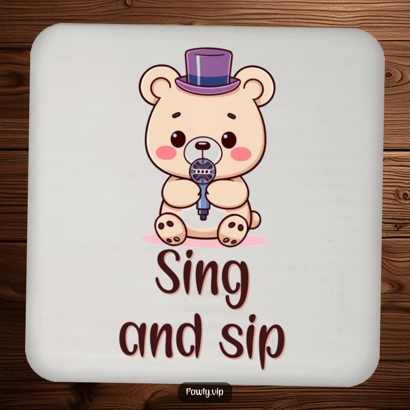 Funny Kawaii bear wearing a tiny top hat, holding a microphone on a drink coaster, ideal for protecting tables.
