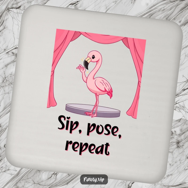 Funny Kawaii flamingo character striking a dramatic pose on a drink coaster, adding stage elegance.