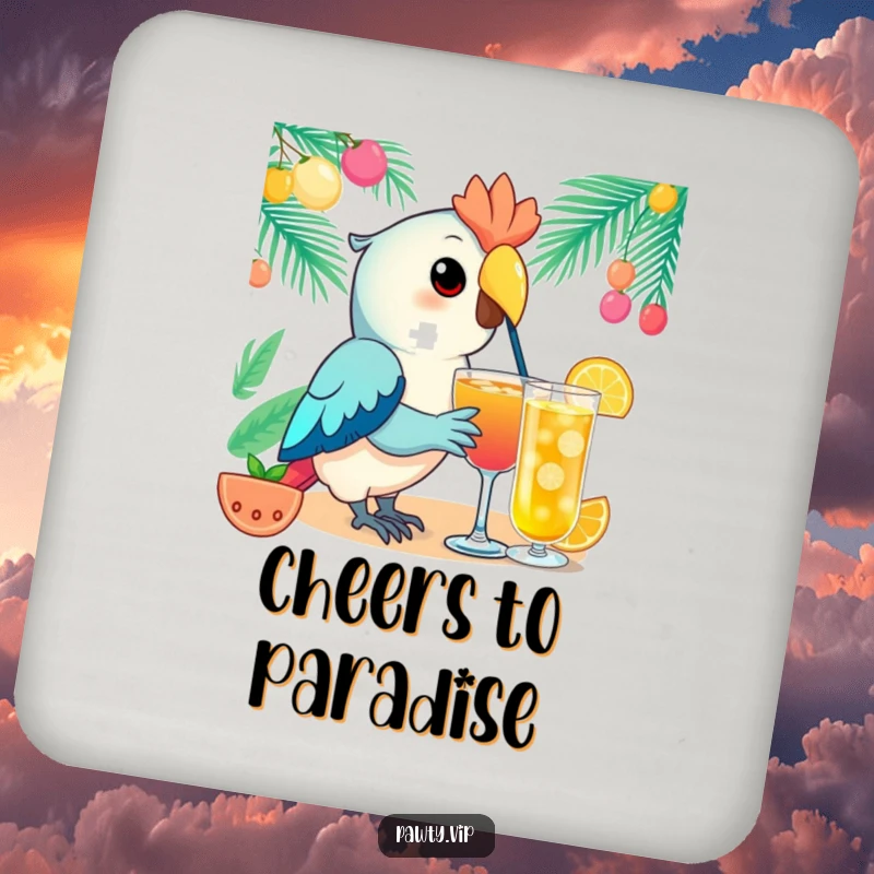 Funny Kawaii parrot coaster showing an elegant parrot character sipping a festive drink, providing surface protection with tropical charm.