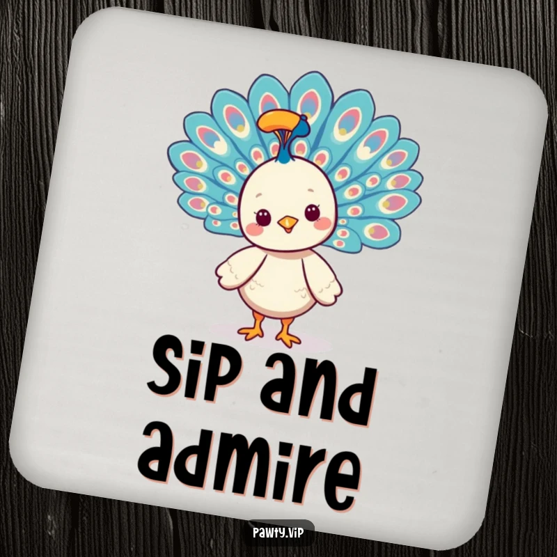 Funny Kawaii peacock character fanning its vibrant tail feathers on a drink coaster, adding elegant flair.