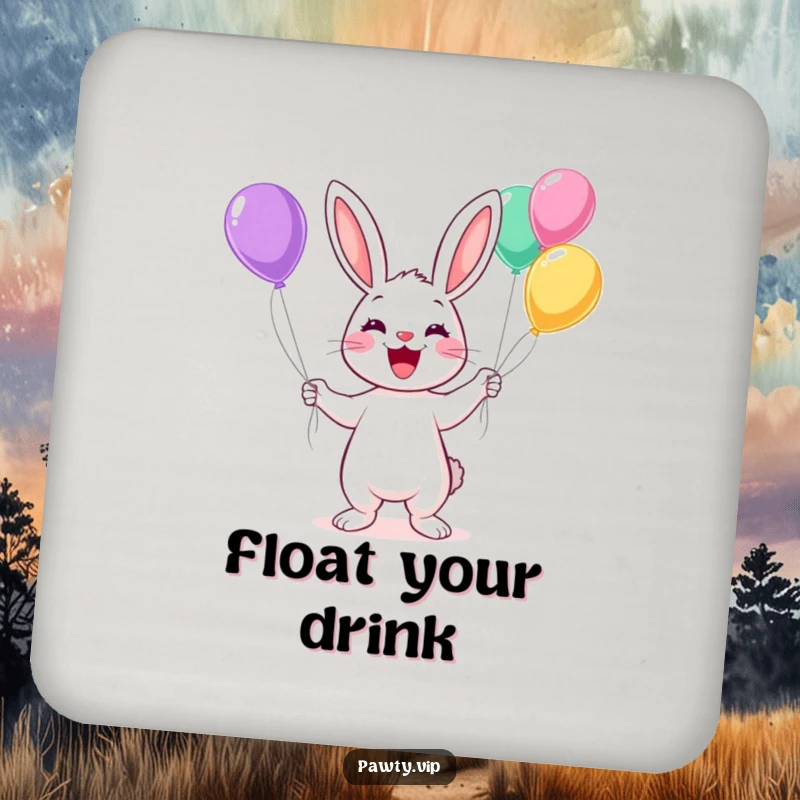 Funny Kawaii rabbit juggling colorful balloons with a wide grin on a drink coaster, ideal for protecting tables.