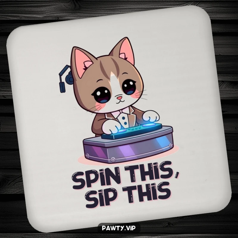 Funny Kawaii tuxedo cat character DJing on a drink coaster, adding musical flair to any table.