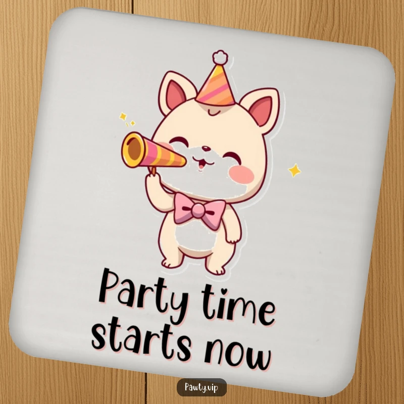 Funny drink coaster with a playful bowtie creature blowing a party horn.